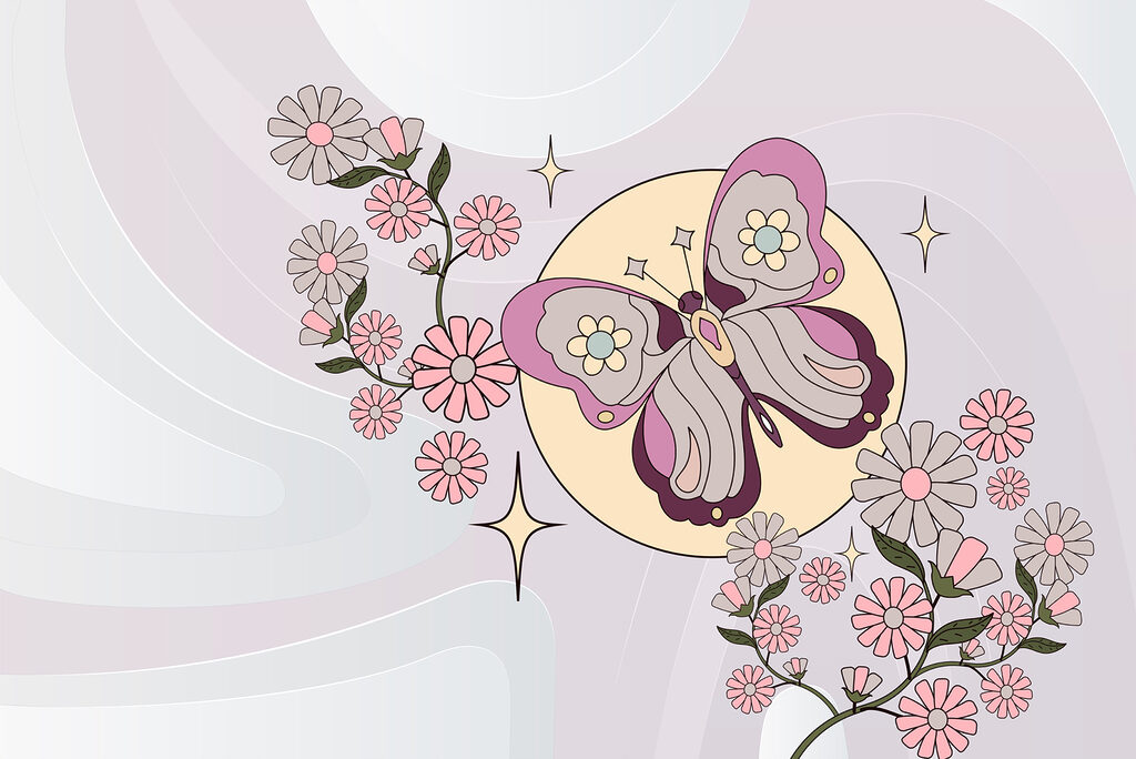 Borboleta sobre flores rosa — design completo