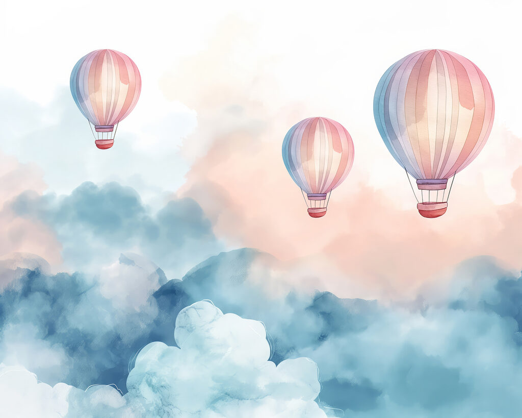 Três balões sobre nuvens — design completo