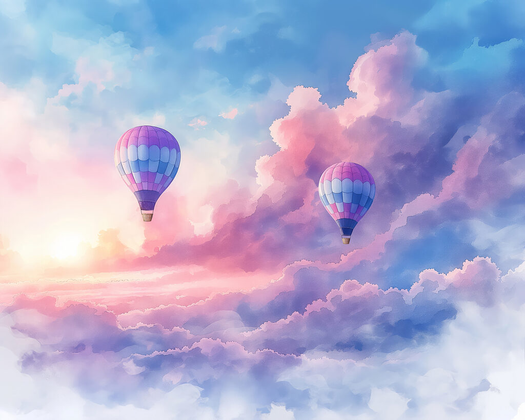Balões sobre nuvens cor-de-rosa — design completo