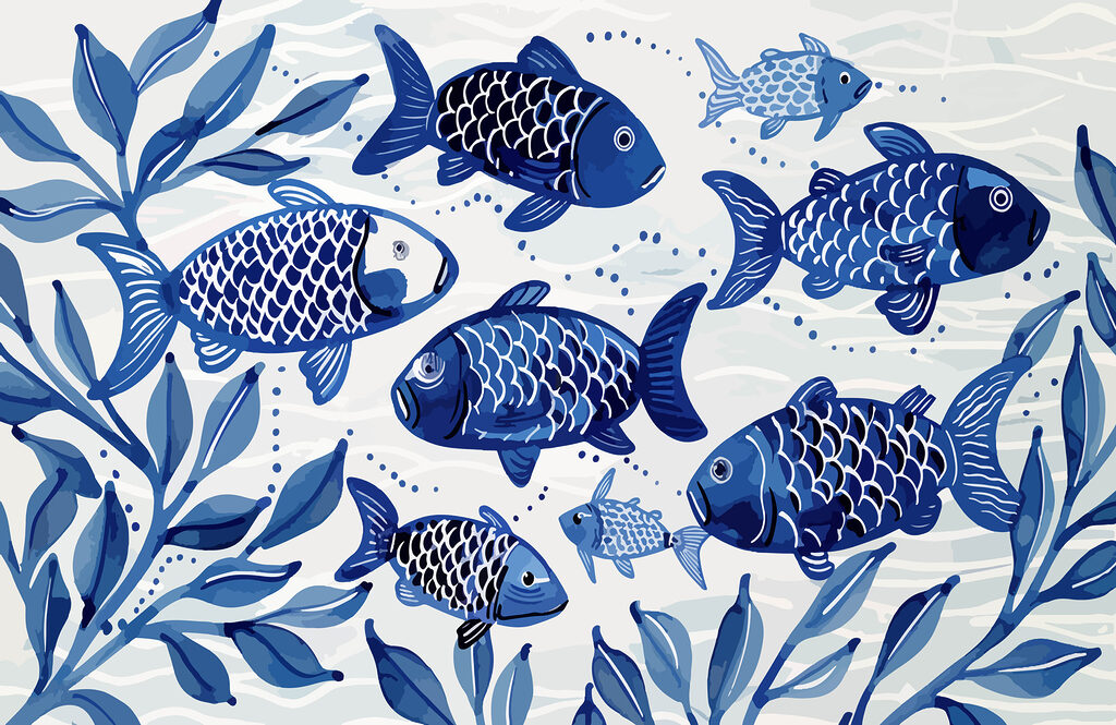 Peixes azuis entre algas — design completo