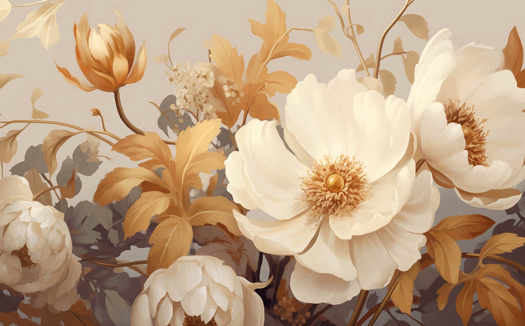 Flores entre folhas ocre — design completo
