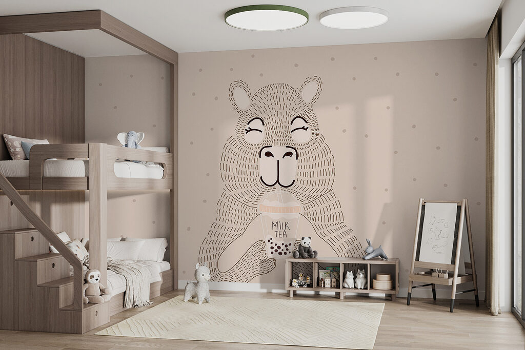 Urso com um copo num interior