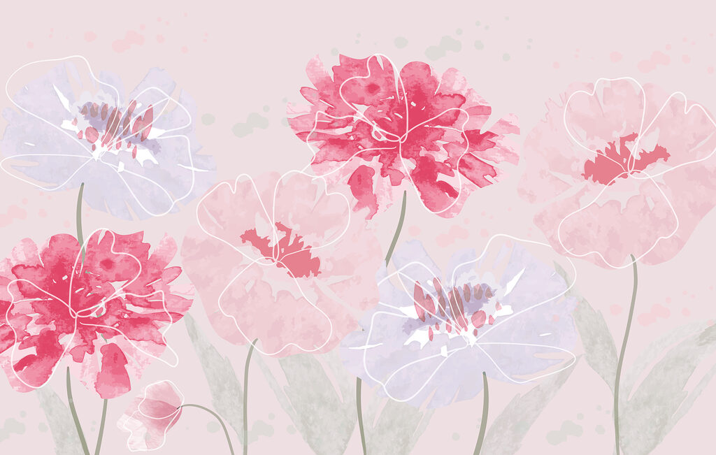 Flores cor-de-rosa, contornos claros — design completo