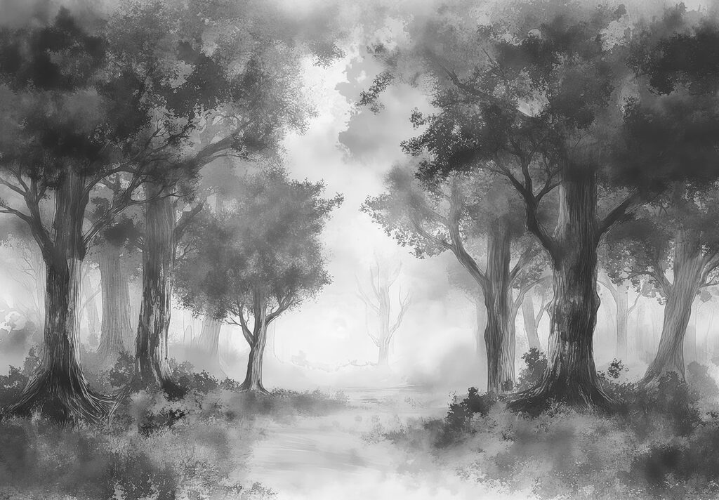 Bosque em névoa — design completo