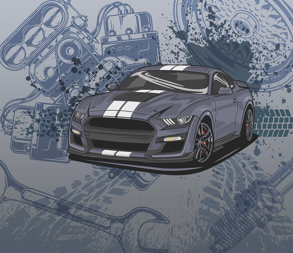 Carro entre desenhos técnicos — design completo