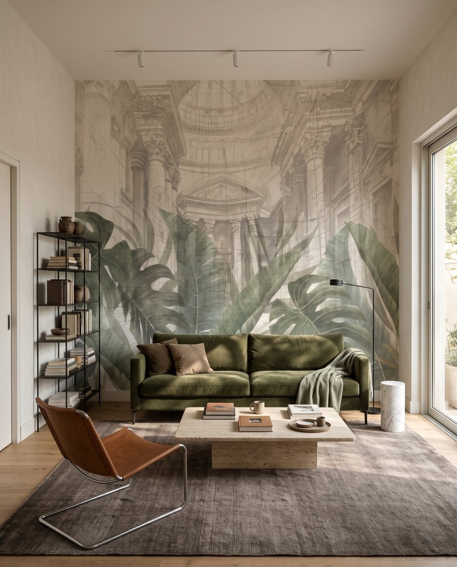 Folhas sobre arquitetura desenhada num interior