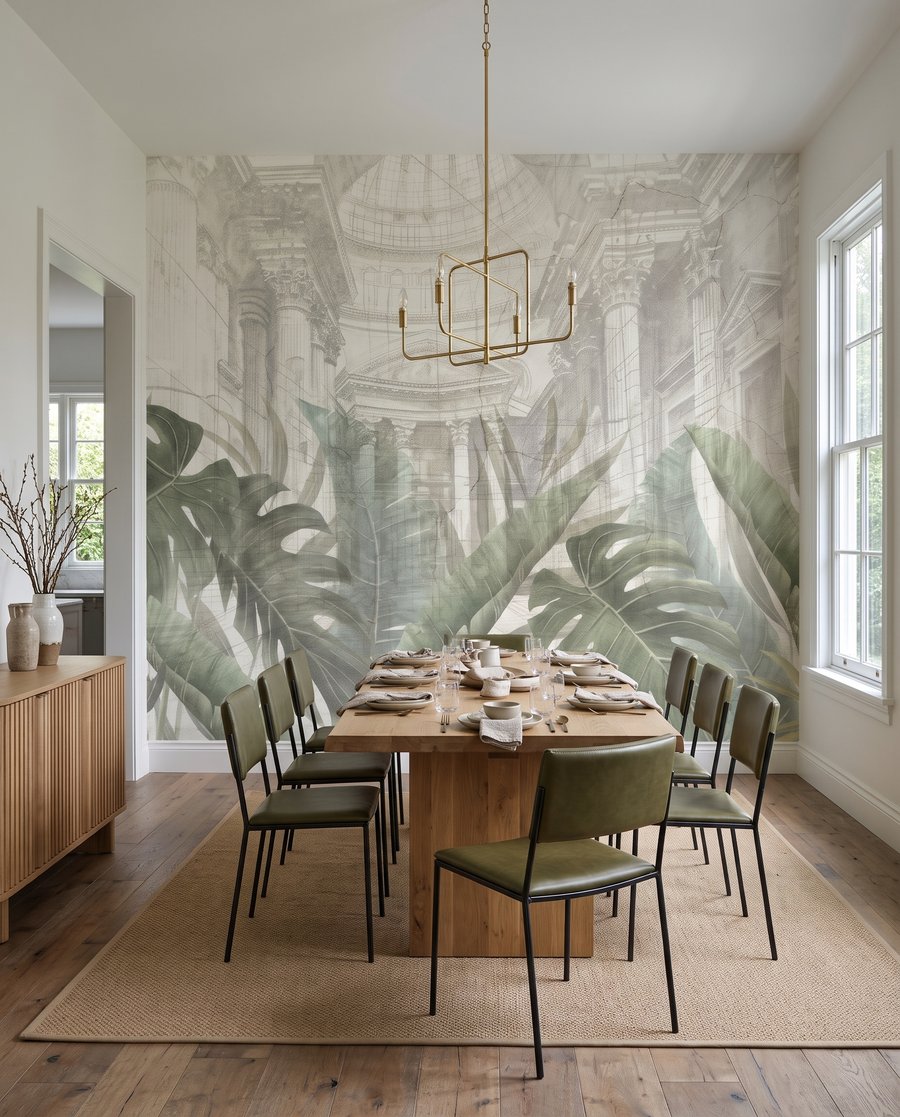 Folhas sobre arquitetura desenhada num interior