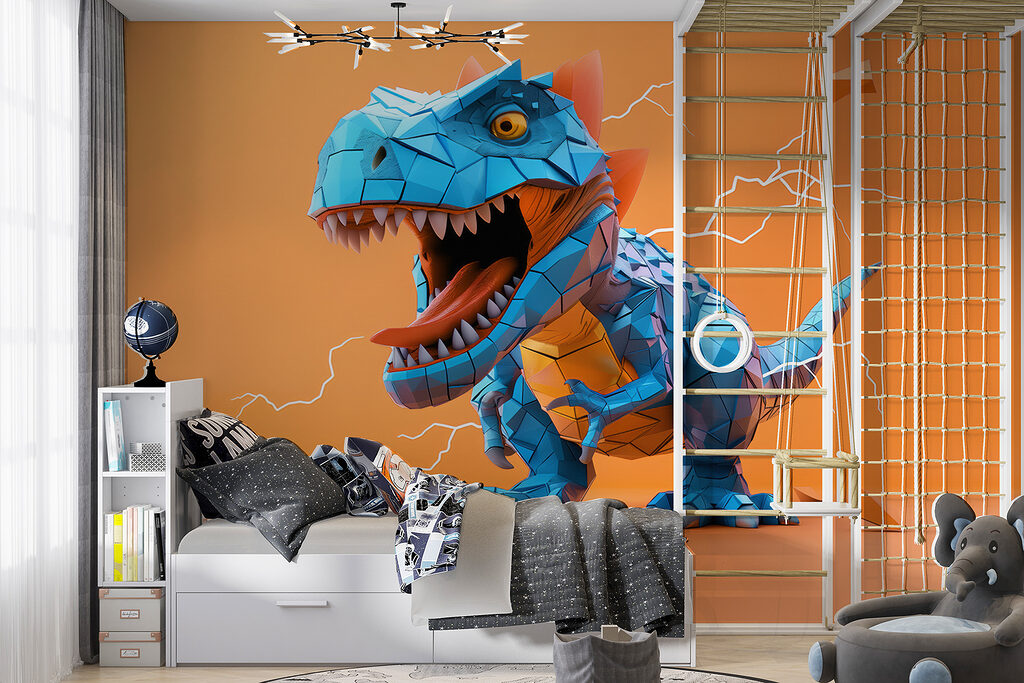 Dinossauro azul num interior