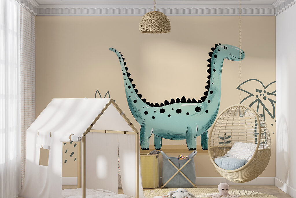 Dinossauro de pescoço longo num interior