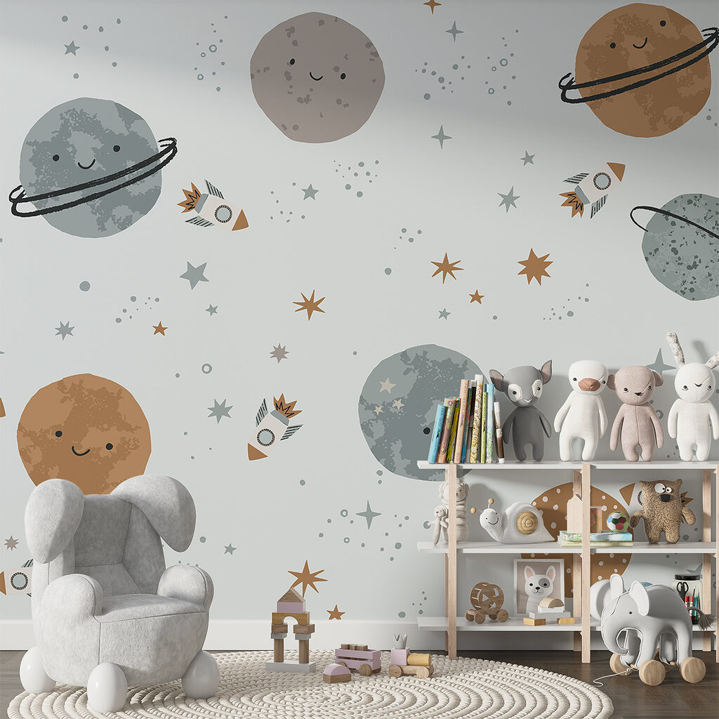 Planetas simpáticos em azul-claro num interior