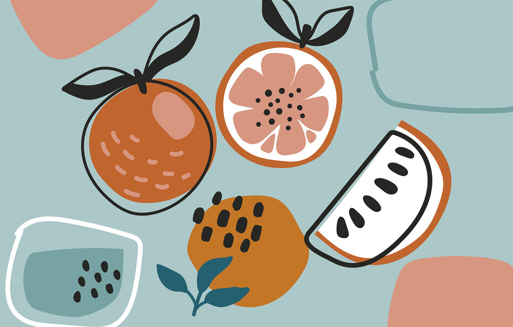 Frutos em desenho lúdico — design completo