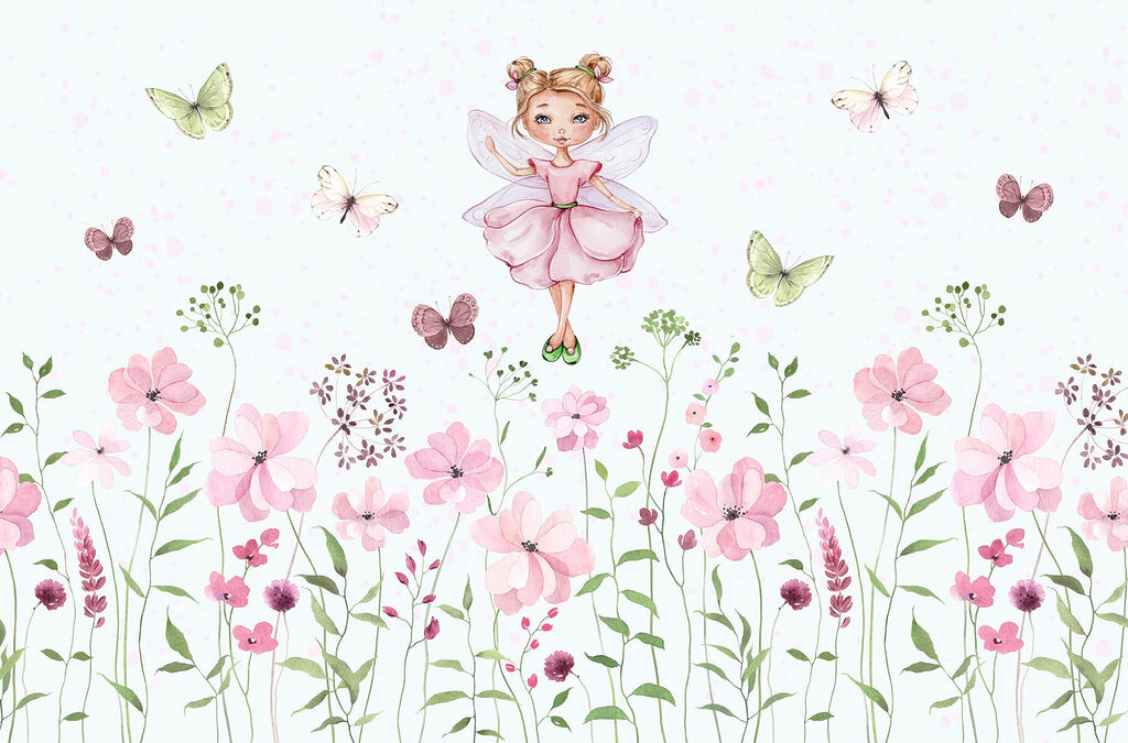 Fada sobre flores cor-de-rosa — design completo