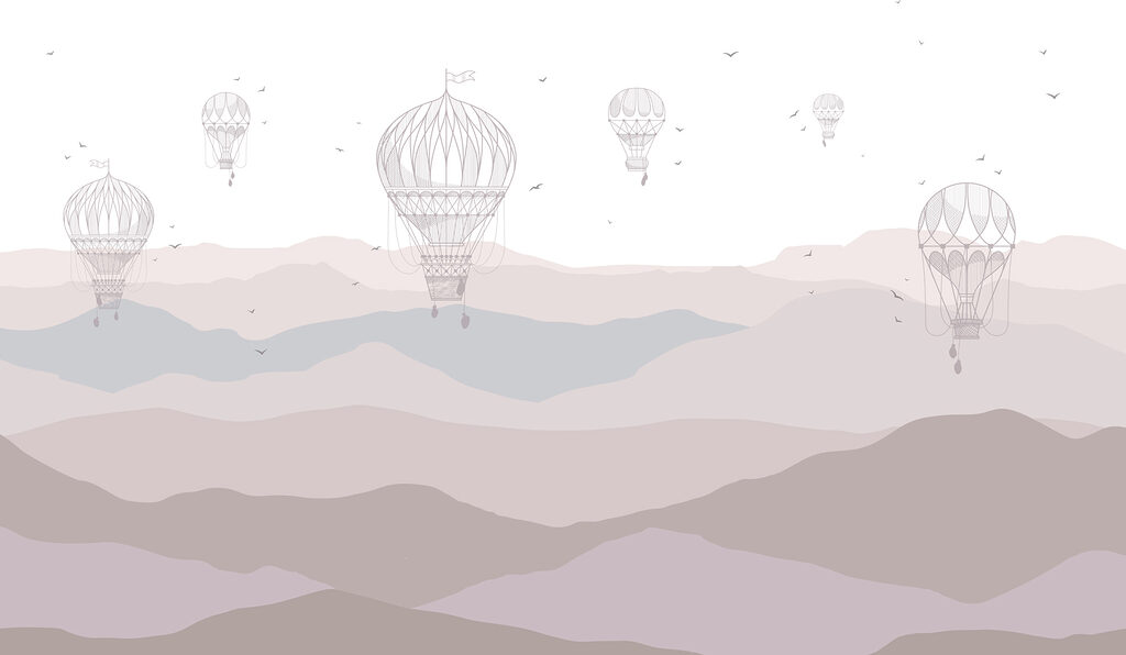 Balões sobre montanhas suaves — design completo