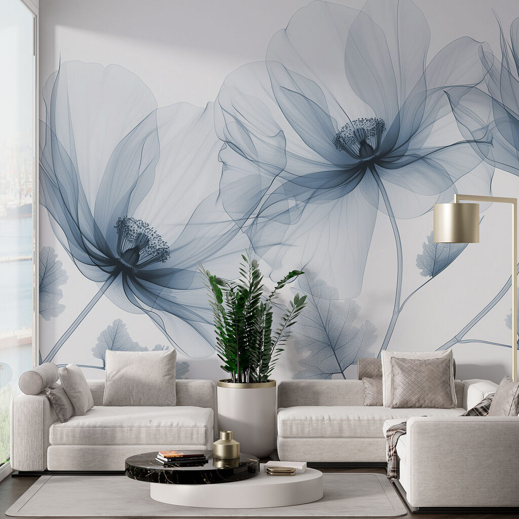 Flores transparentes em hastes num interior