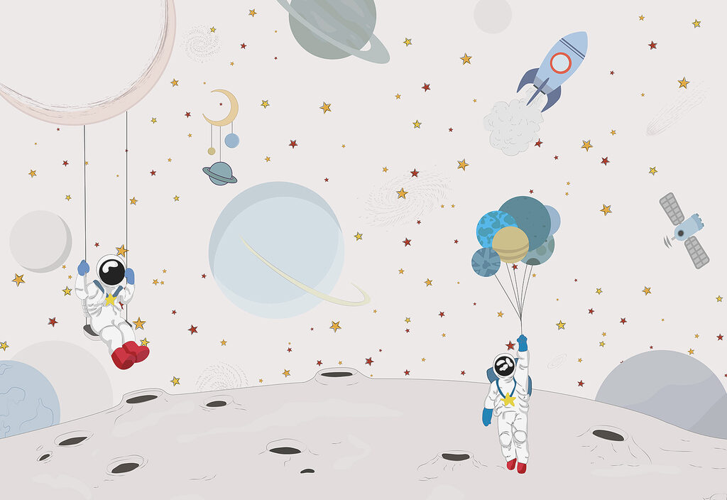 Astronautas entre balões — design completo