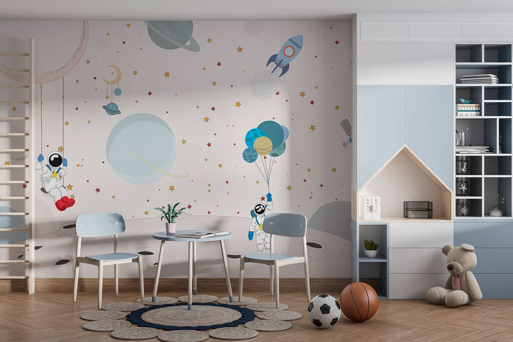 Astronautas entre balões — interior 1