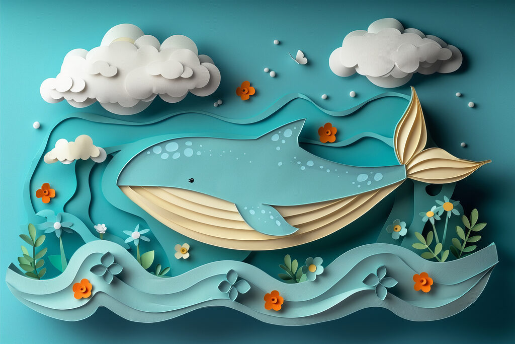 Baleia sob nuvens brancas — design completo
