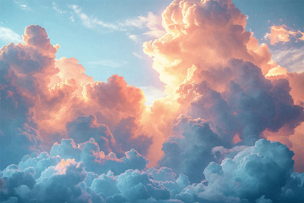 Nuvens quentes sobre azul — design completo