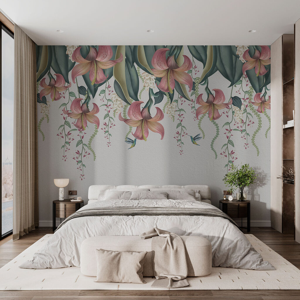 Flores pendentes em camadas num interior