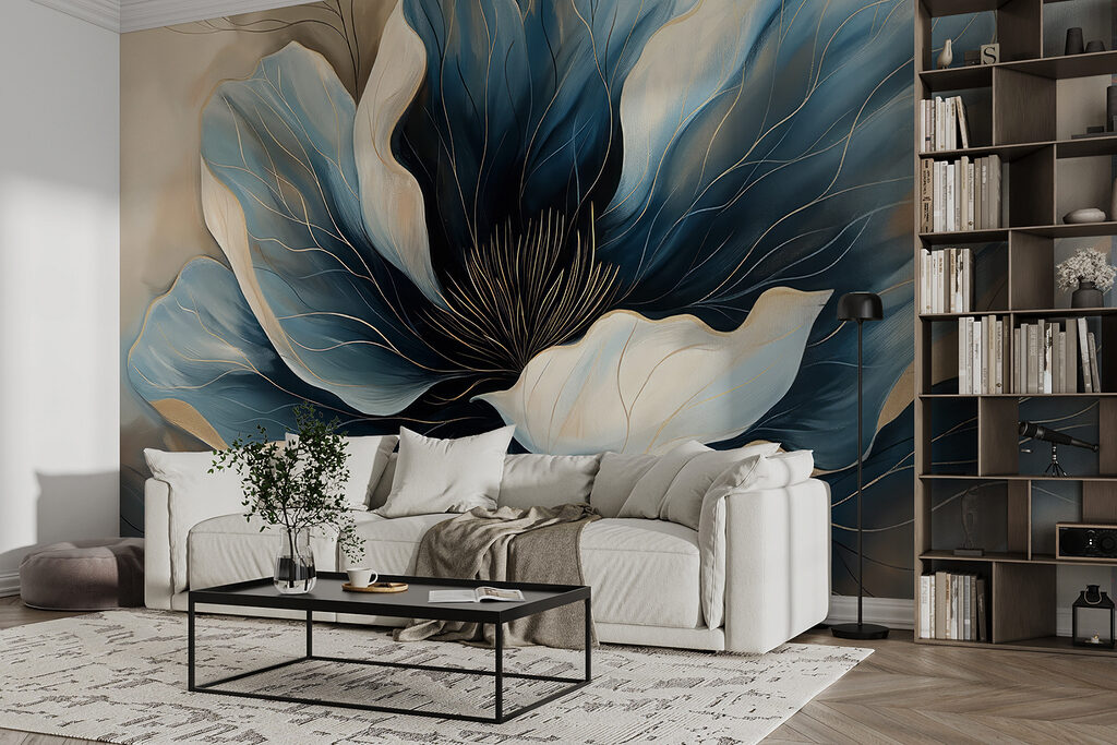 Flor azul sobre creme — interior 5