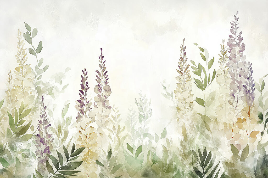 Flores lilás entre folhas — design completo