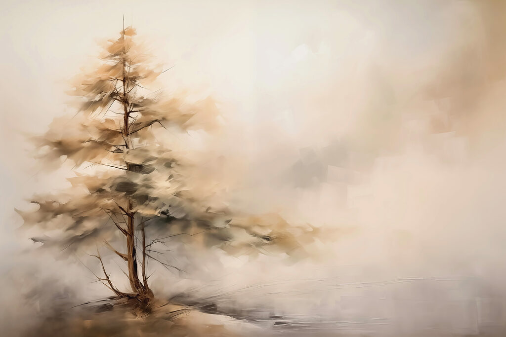 Árvore solitária na neblina — design completo