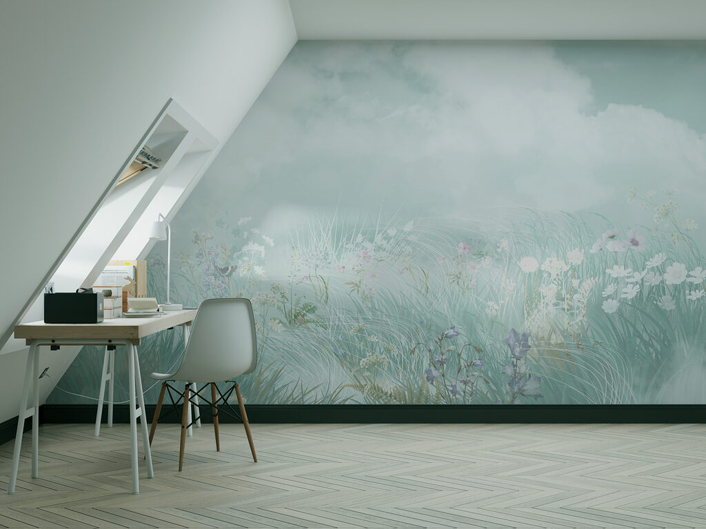 Prado florido sob nuvens — interior 1