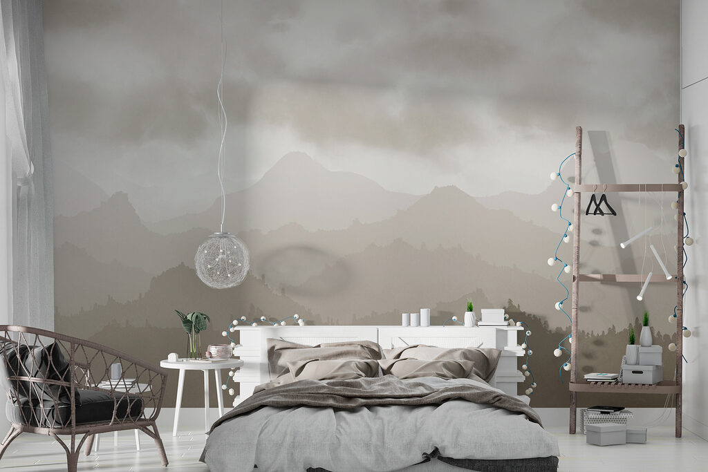 Montanhas sob nuvens num interior