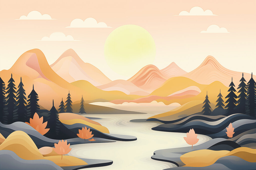 Sol sobre margens montanhosas — design completo