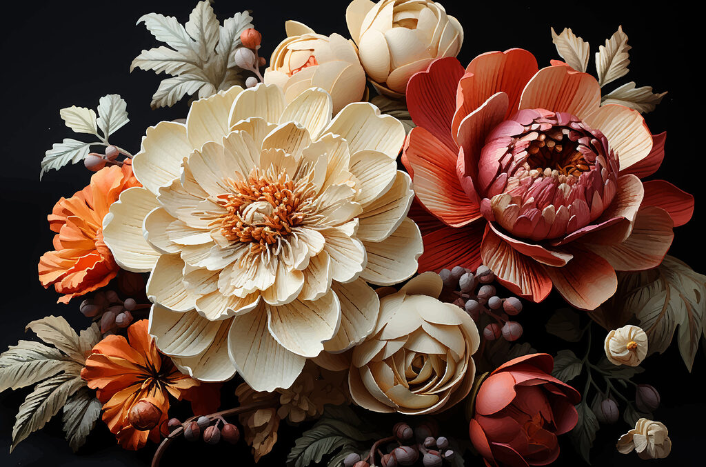 Flores quentes sobre preto — design completo