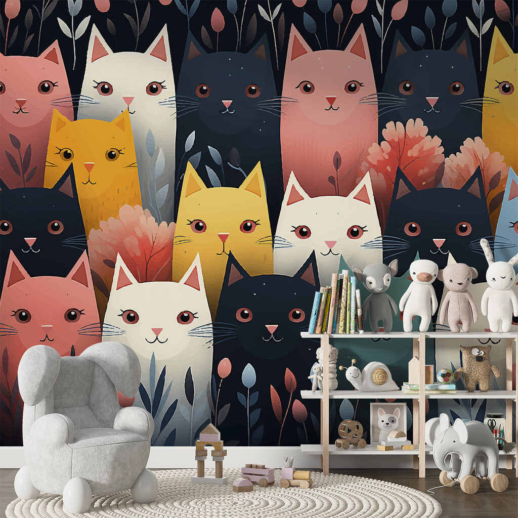 Gatos coloridos num interior