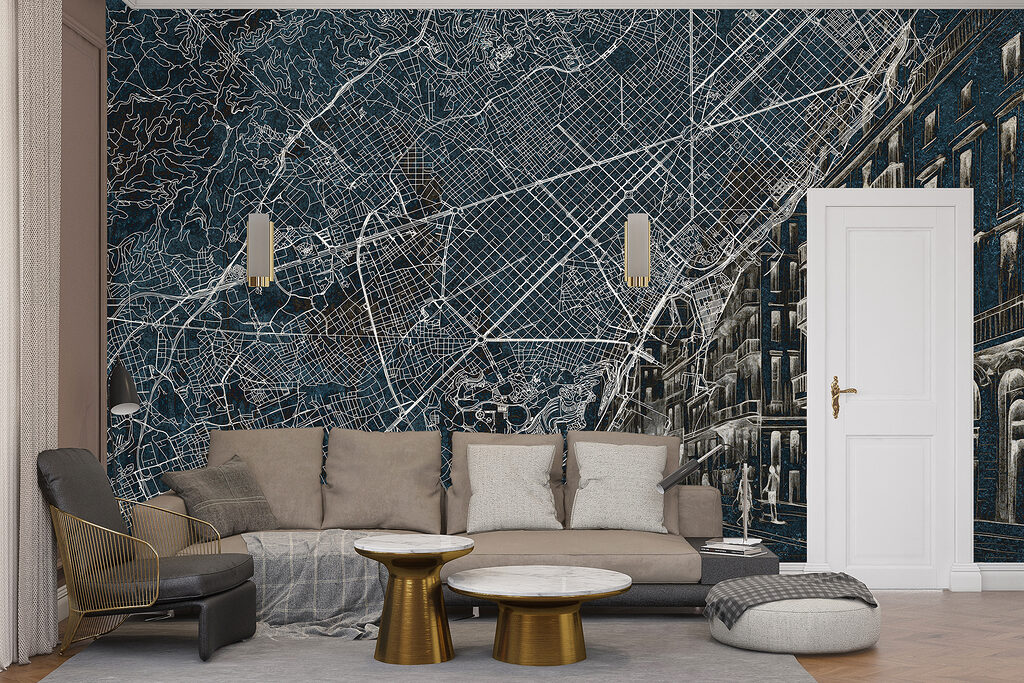 Mapa urbano com fachadas num interior
