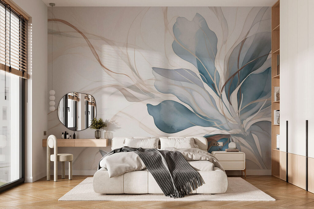 Folhas largas em azul-acinzentado num interior