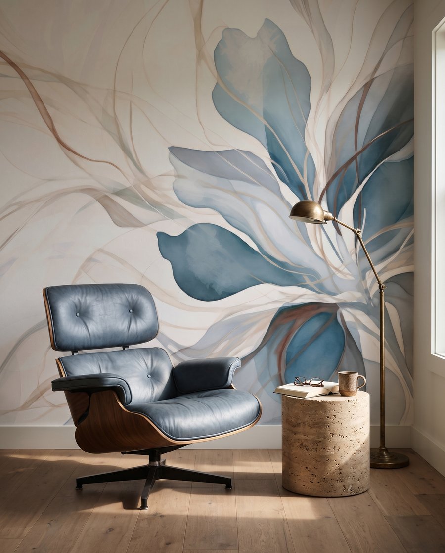 Folhas largas em azul-acinzentado num interior