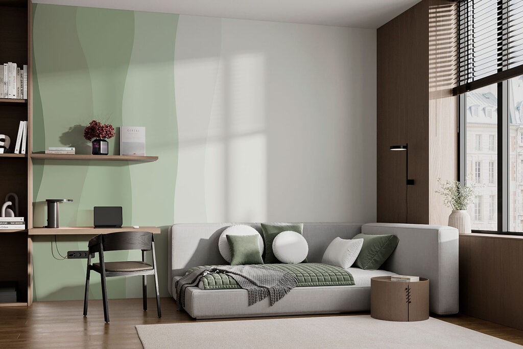 Faixas onduladas sobre branco num interior