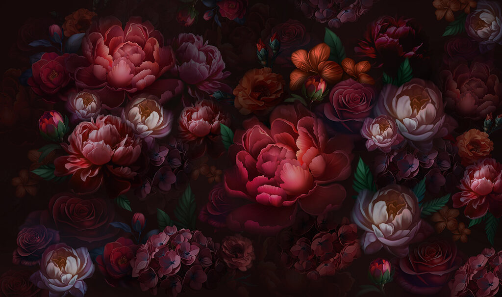 Flores vermelho-escuras na noite — design completo