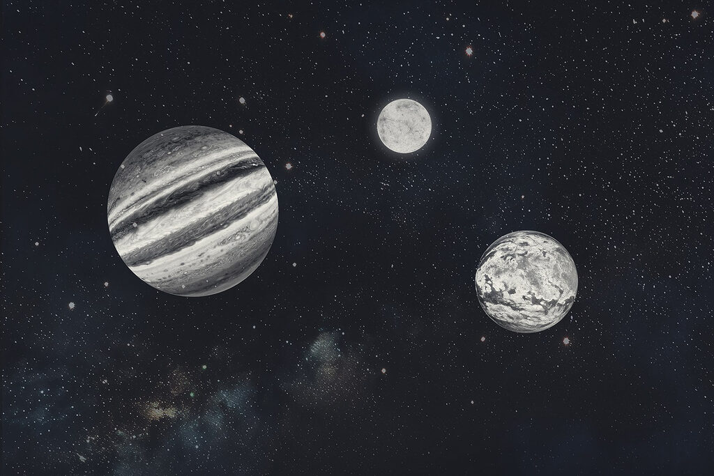 Planetas preto e branco — design completo