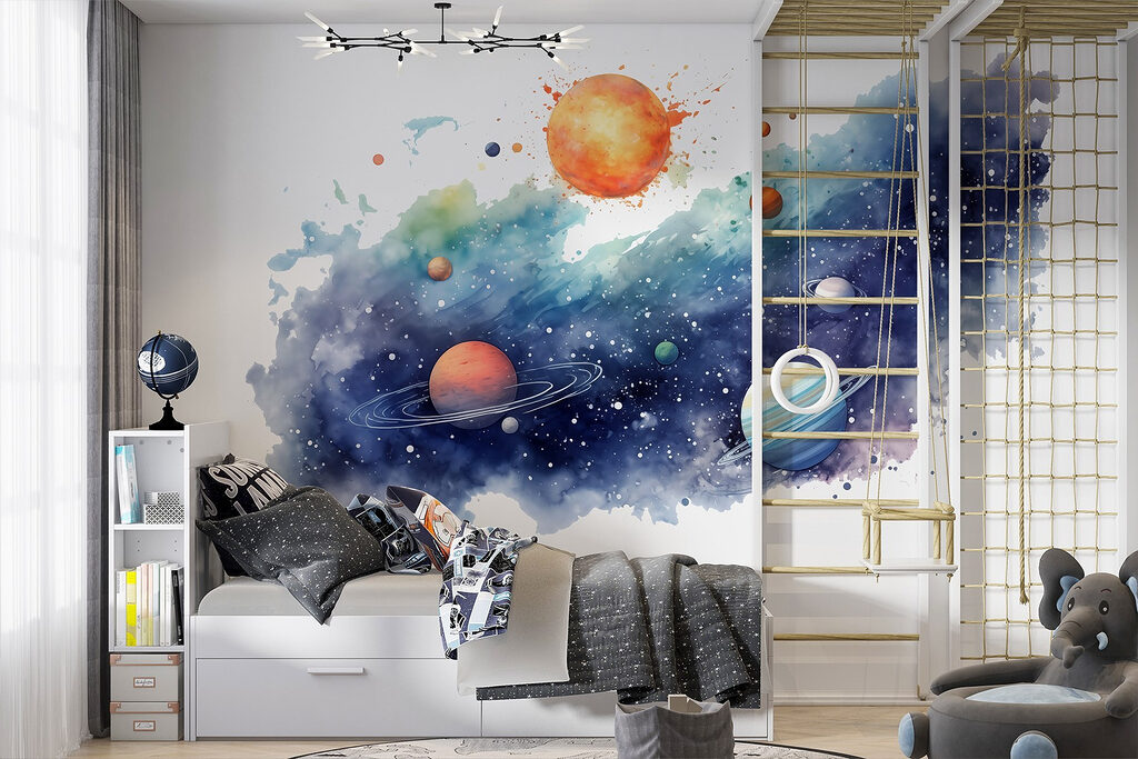Sol sobre estrelas pintadas num interior