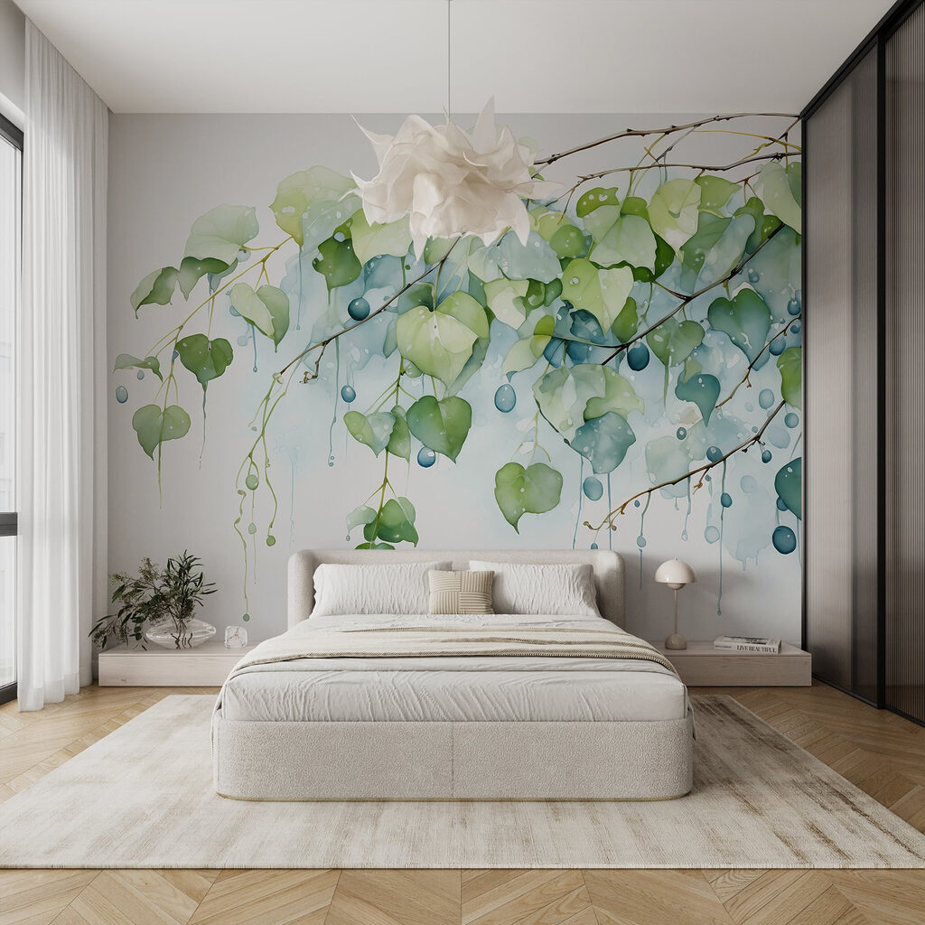 Folhas verdes com gotas num interior