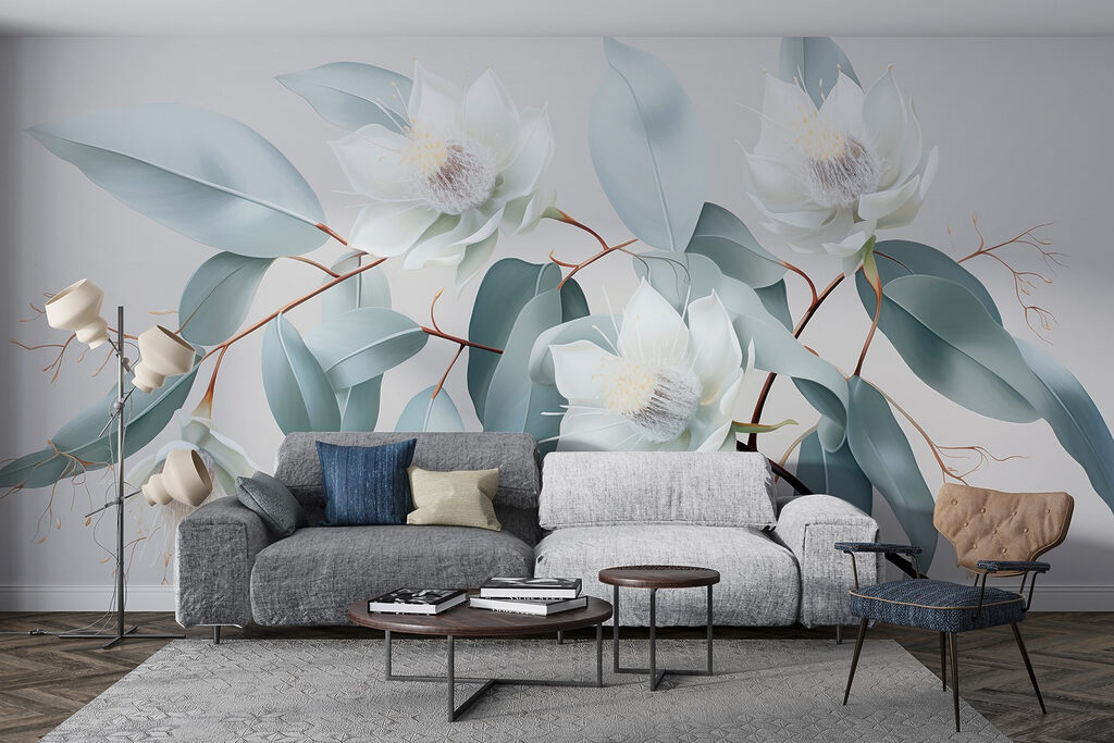 Flores brancas, folhas azul-gelo — interior 1