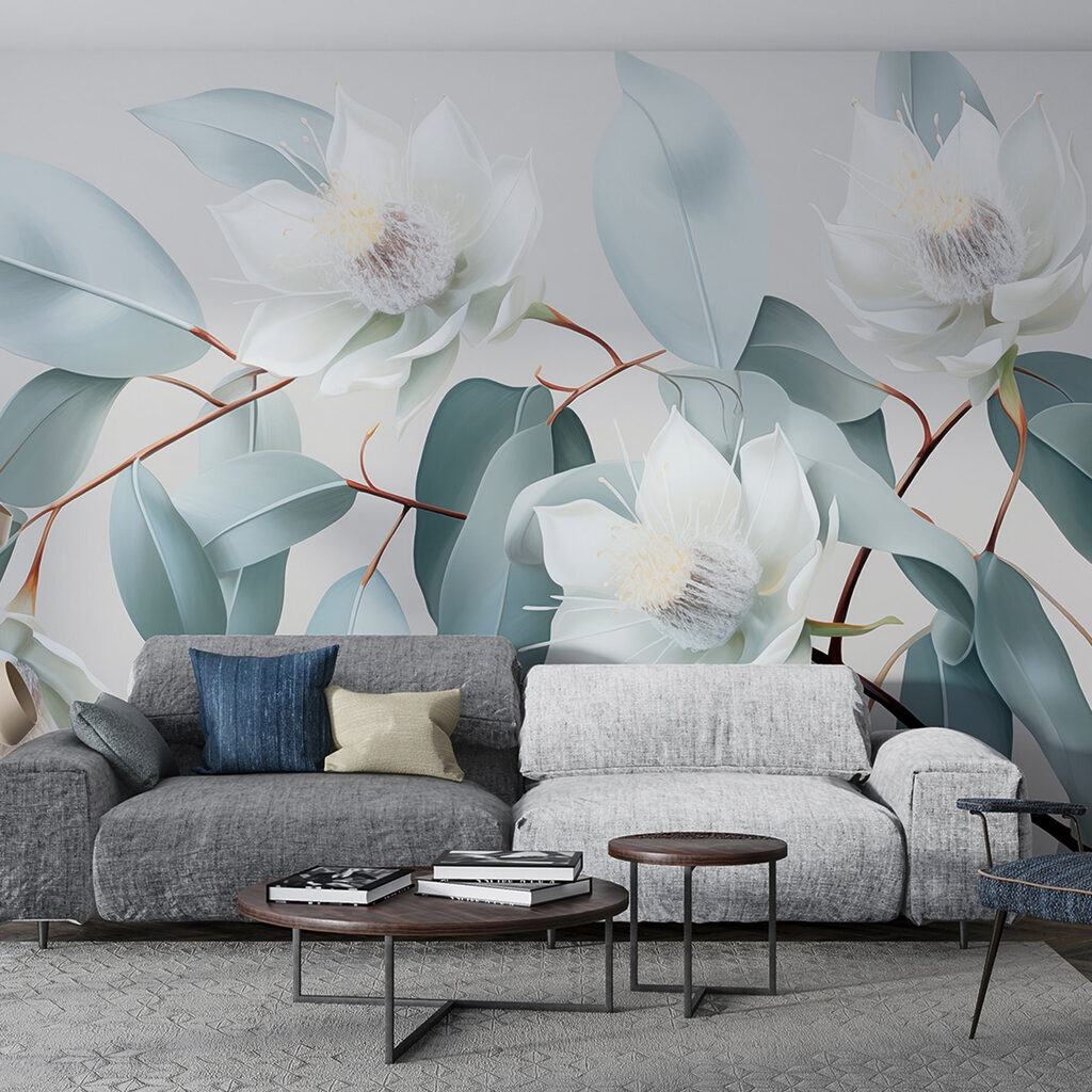 Flores brancas, folhas azul-gelo — interior 2