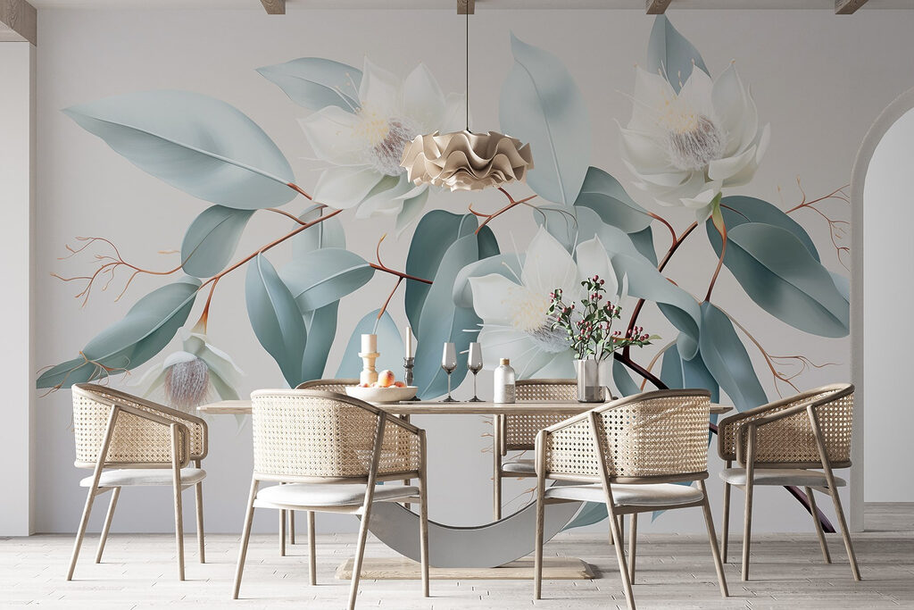 Flores brancas, folhas azul-gelo — interior 4