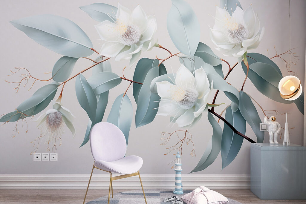 Flores brancas, folhas azul-gelo — interior 5