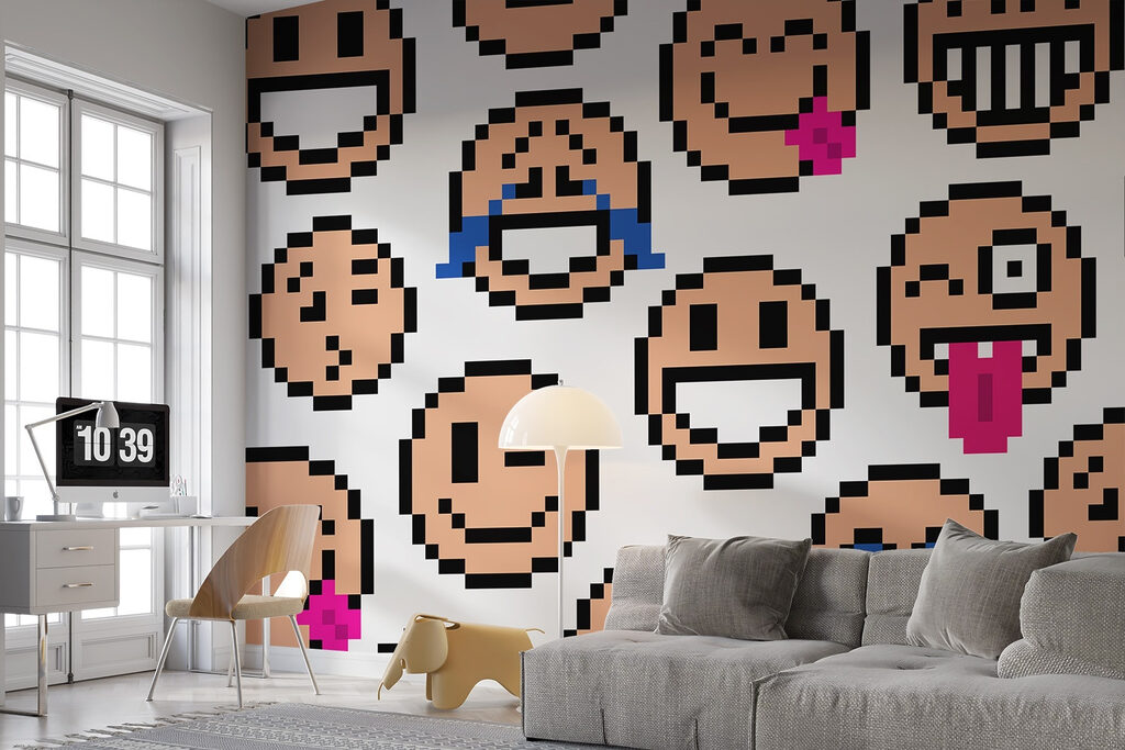 Carinhas em pixels num interior
