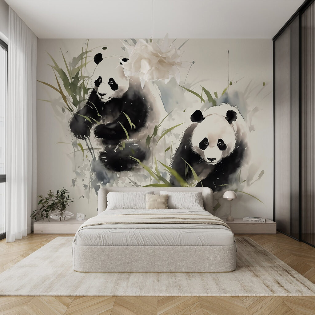 Dois pandas entre bambu num interior