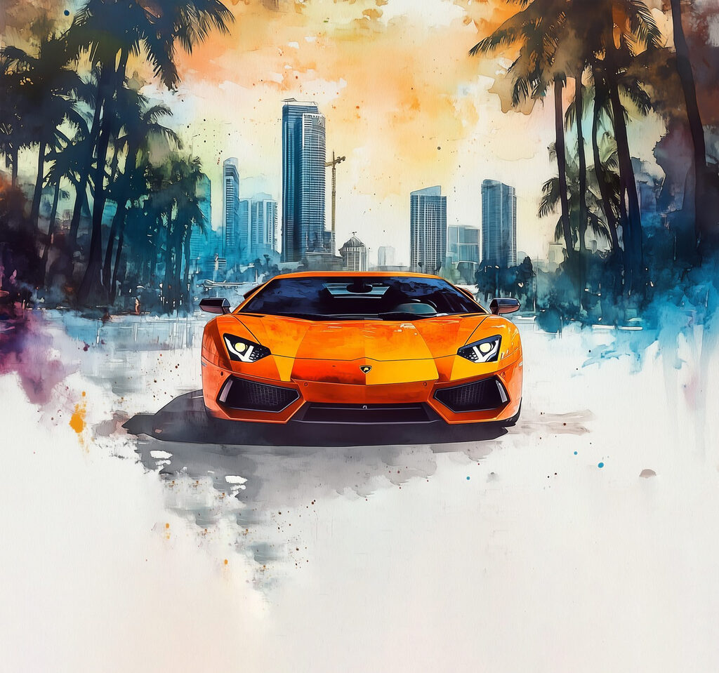 Carro laranja entre palmeiras — design completo