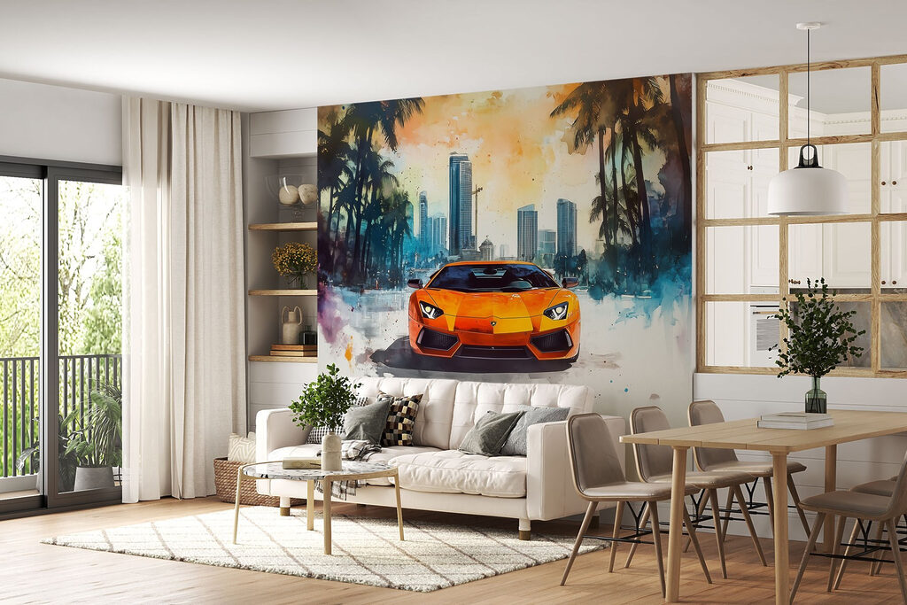 Carro laranja entre palmeiras — interior 2