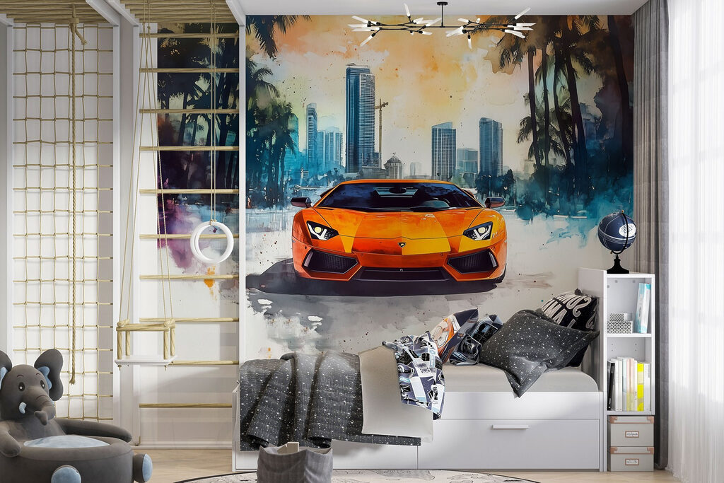 Carro laranja entre palmeiras — interior 3
