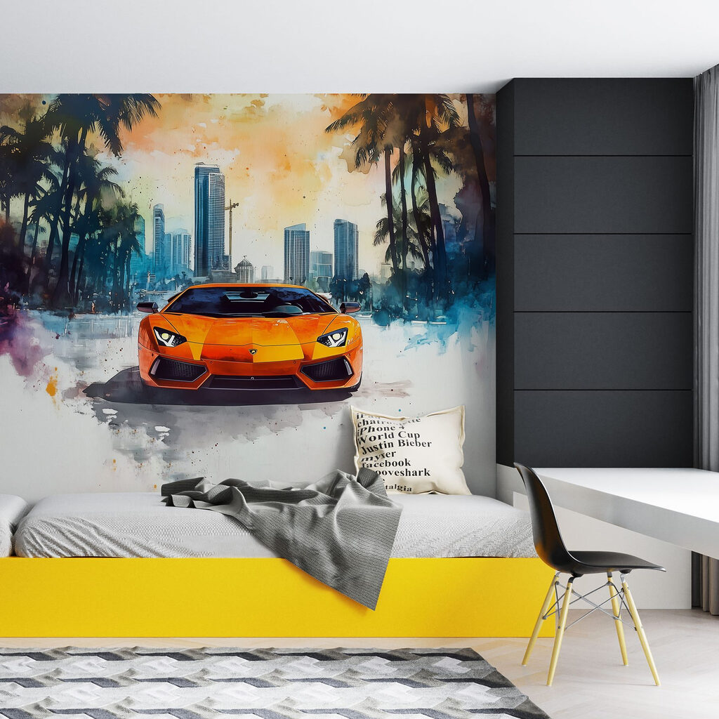 Carro laranja entre palmeiras — interior 4