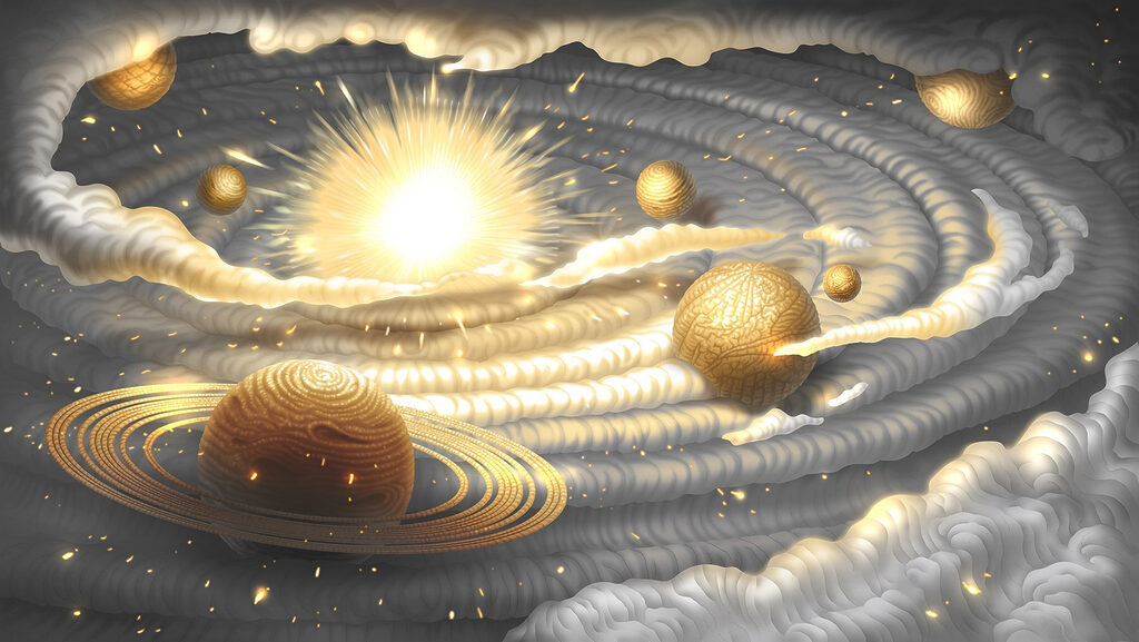 Planetas dourados entre nuvens — design completo